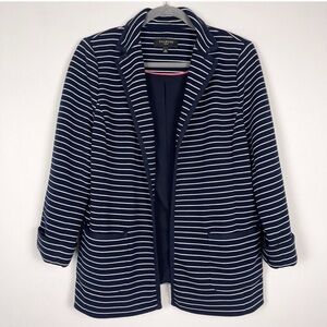 Talbots Blazer Jacket Womens MP Blue White Striped Stretch Open Front Pockets.